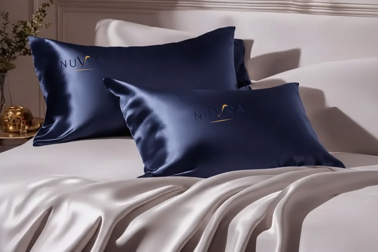Navy Silk Pillowcase - Background Removed with Nuvra Logo